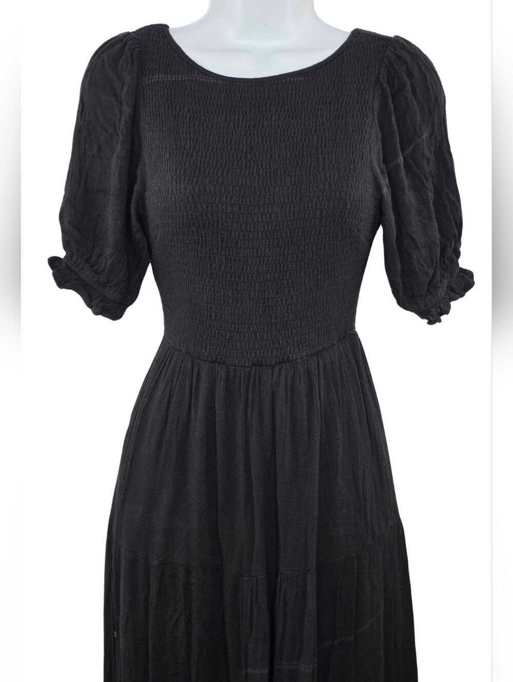 HYFVE S Black Midi Dress with Puff Sleeves Smocked Bodice 3787-CX